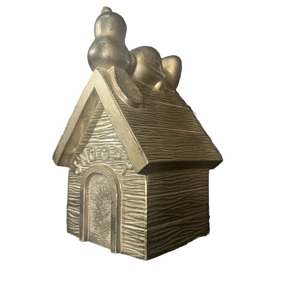 Snoopy Dog House Metal Piggy Bank 1958 Complete Comic Silverplate Schulz Peanuts - Picture 1 of 6